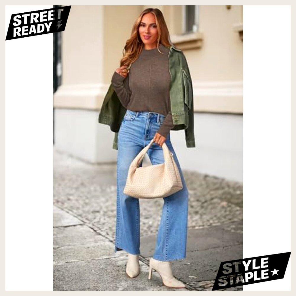 Mock Neck Wool Blend Sweater Pullover Business Casual Long Sleeve Loose Fit - Picture 3 of 5